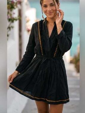 ZARA Woman Black Linen Tunic Mini Dress Boho Pompom Trim Size L